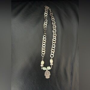 Silver, White and green stones Hamsa Pendant Necklace by a Tunisian artisan